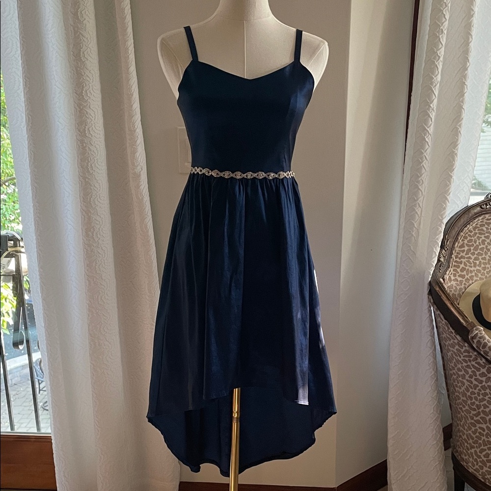Rare Editions Navy Dress with Rhinestone Waist 14 as is